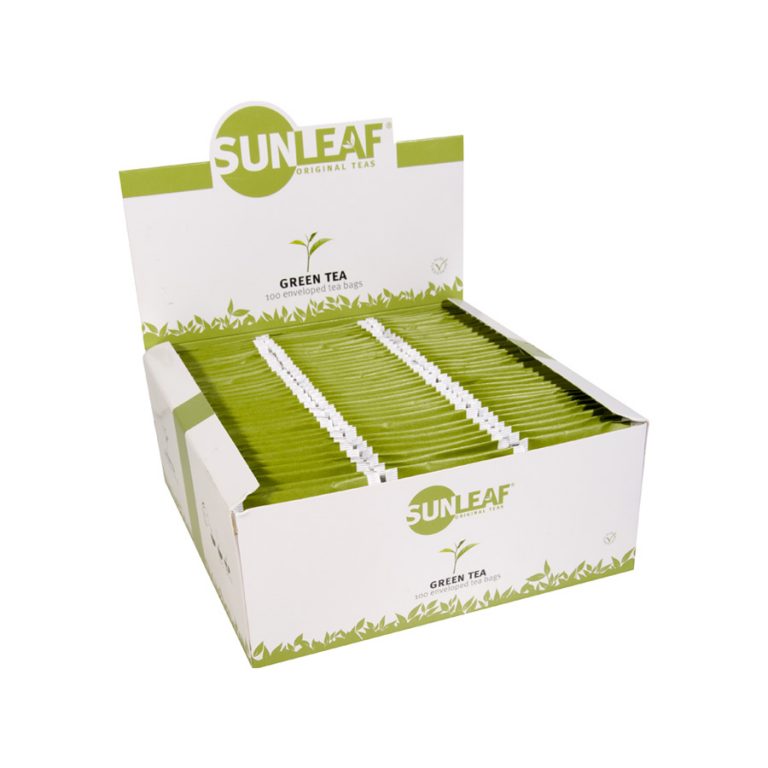 Sunleaf Groene thee met envelop 2 gr - Sunleaf green tea met enveloppe de koffiefabriek 768x768 - 3000502